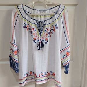 John Mark White Embroidered Peasant Blouse with Navy and Coral Accents